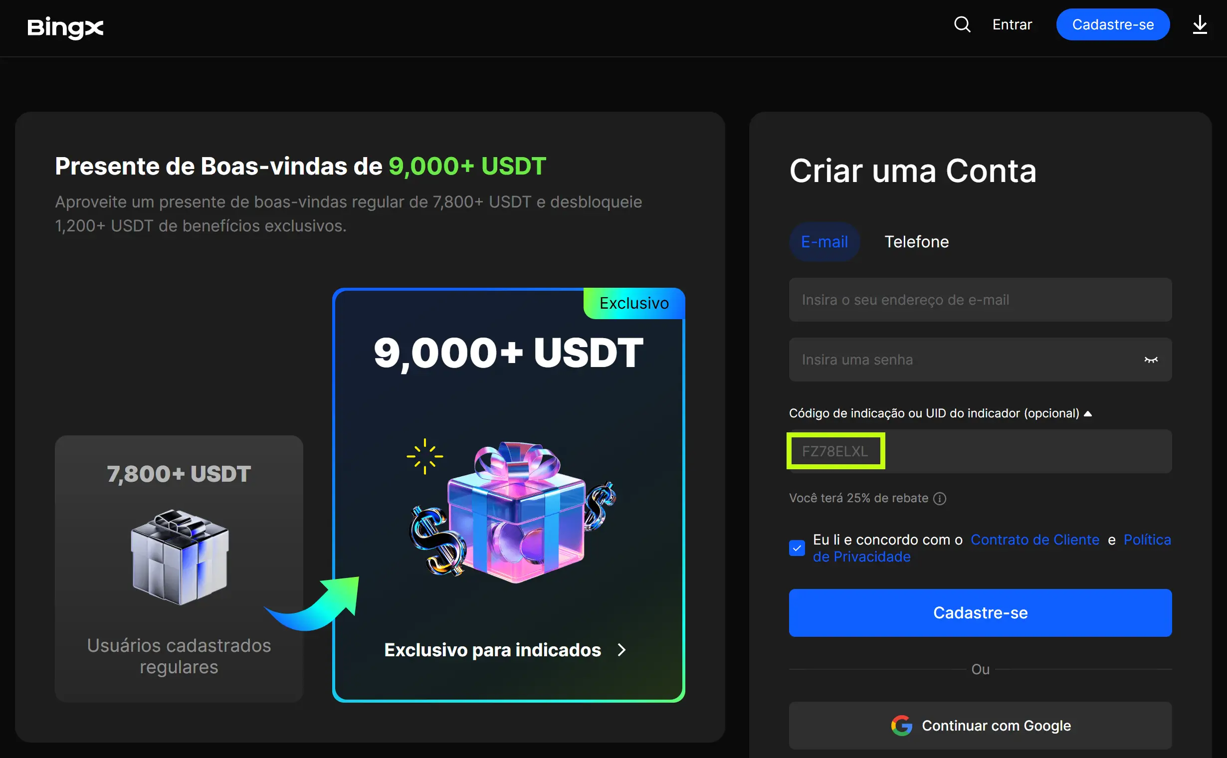 Código de indicação da BingX